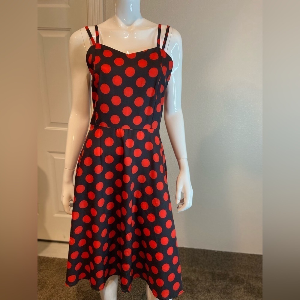 Fit & Flare Dress w/Big Red Polka Dots On Black Background~V-Neck~NWOT~S…
